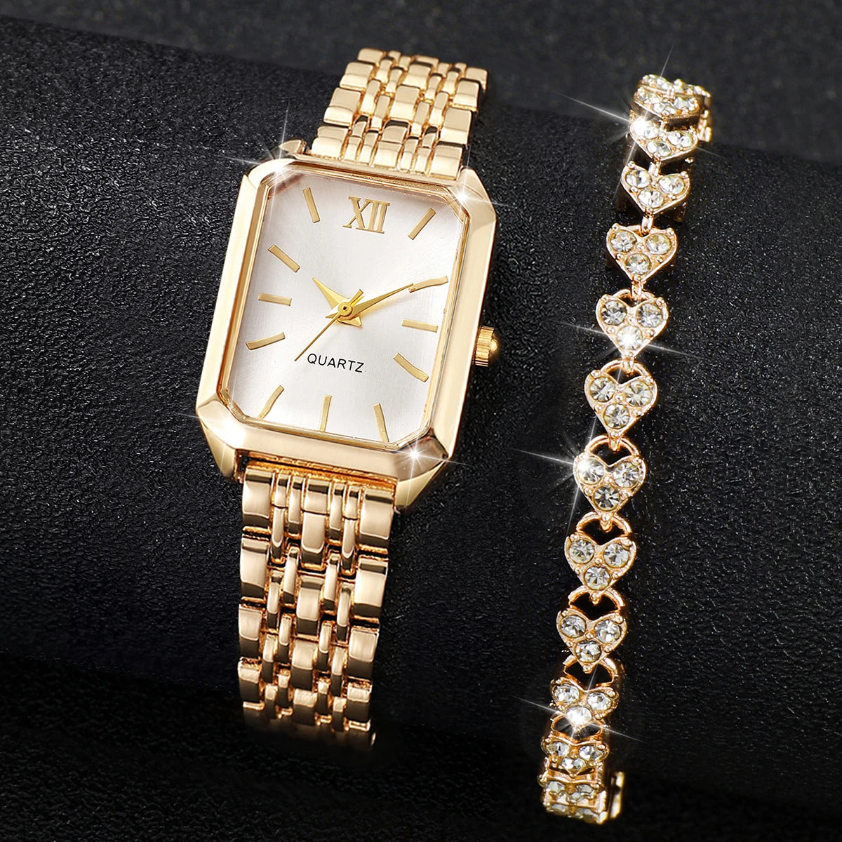 Women's Rectangular Quartz Watch & Rhinestone Bracelet Set – Roman Dial