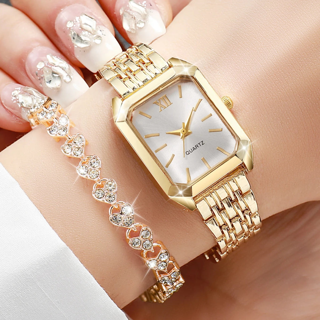 Women's Rectangular Quartz Watch & Rhinestone Bracelet Set – Roman Dial