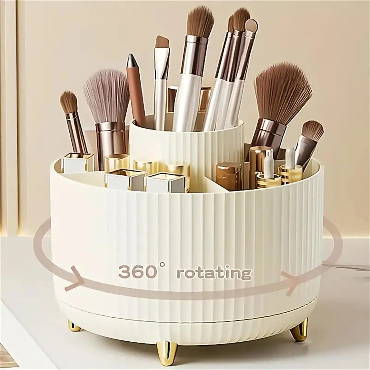 360° Rotating Makeup Organizer – Cosmetic Brush Holder with 5 Compartments