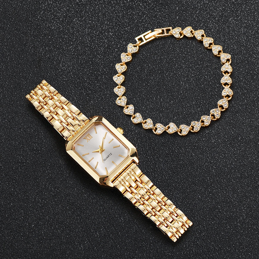 Women's Rectangular Quartz Watch & Rhinestone Bracelet Set – Roman Dial